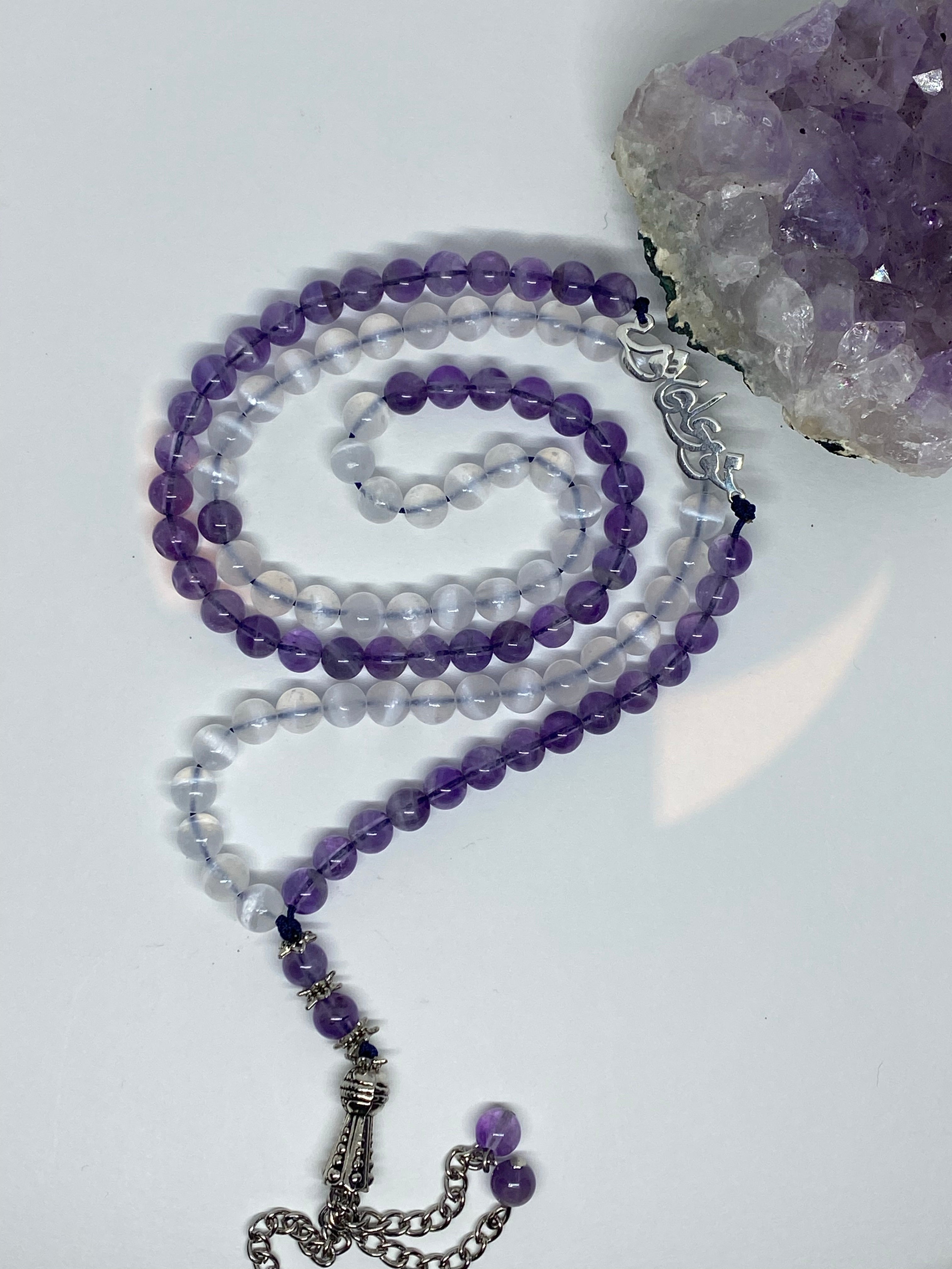 Amethyst-selenite tasbeeh with silver writing